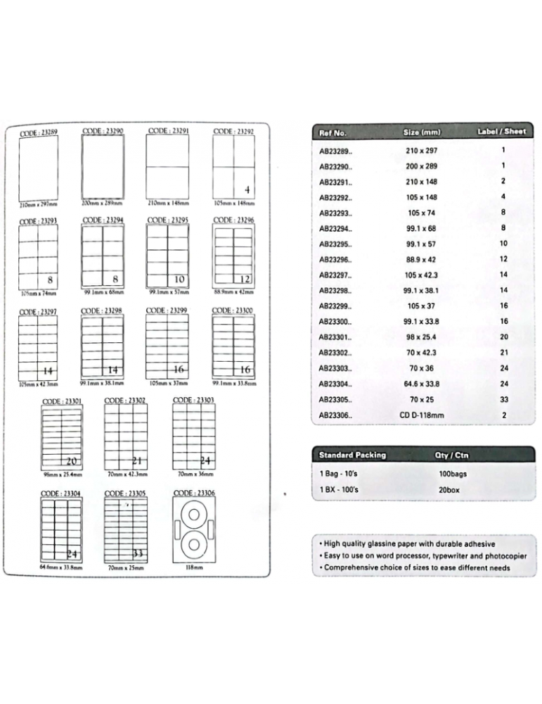 JAYAMART Stationery|ABBA Sticker Label white 99.1mm x 68mm 100's AB23294RM61.00RM61.00AbbaSticker & Label